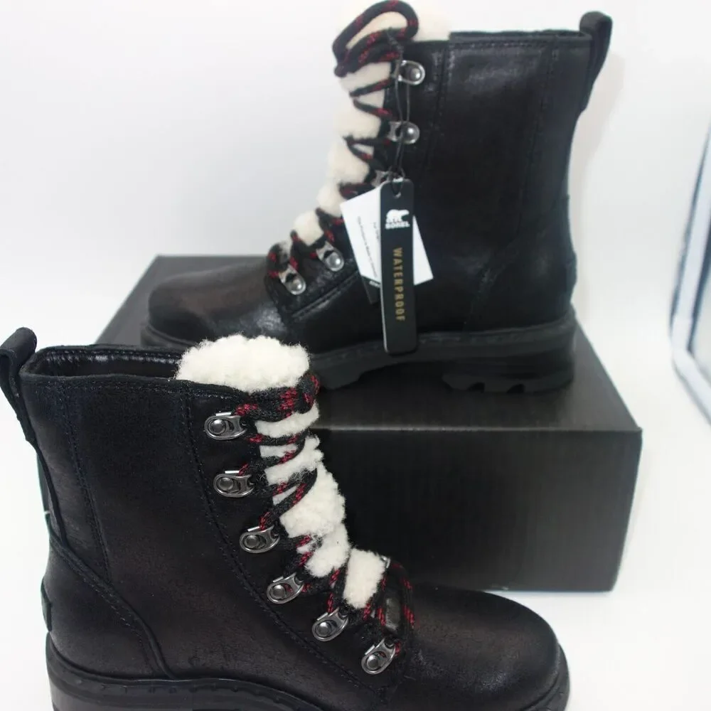 NEW Sorel Women's 5 Lennox Lace Cozy Boots Waterproof Shearling Lug  Black